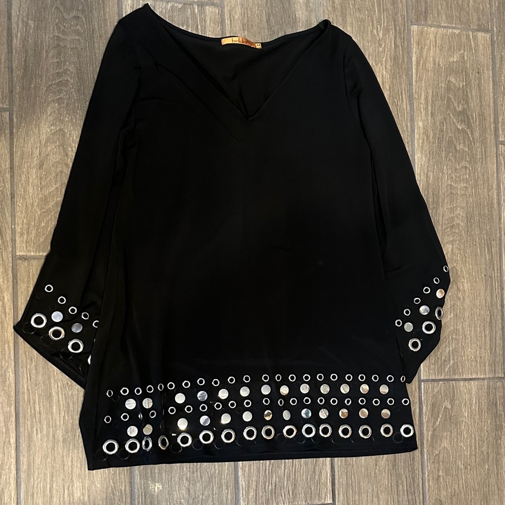 Belldini Black Blouse with Silver Eyelets, and mirrors. Size Medium